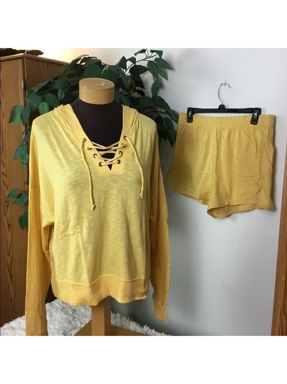 SO Yellow XL lace up hoodie and high rise dolphin shorts both NWT